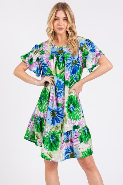 Ces Femme Floral Ruffled Short Sleeve Dress