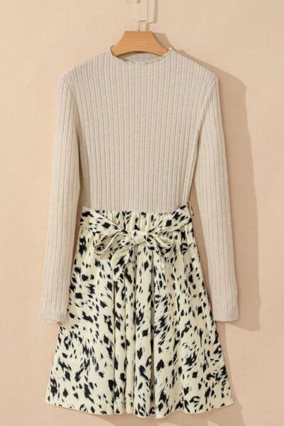 Printed Tie Waist Mock Neck Long Sleeve Dress